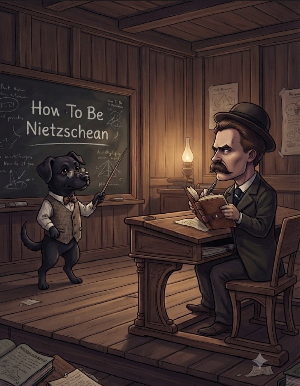Russ the dog lecturing Nietzsche in a wooden classroom: 'How To Be Nietzschean'